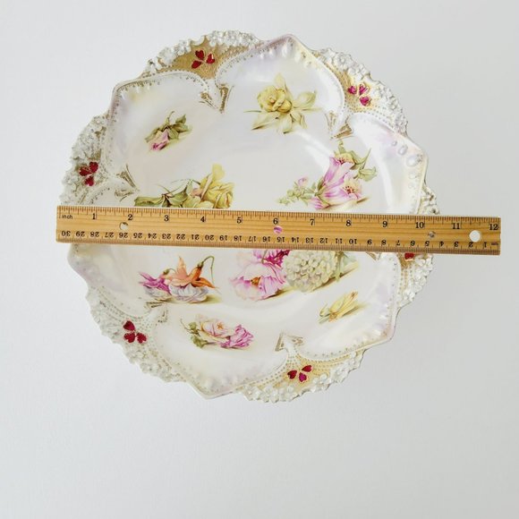 Antique White RS Prussia Floral Bowl Satin Finish Daffodils Fuchsia Hydrangea - Picture 10 of 15